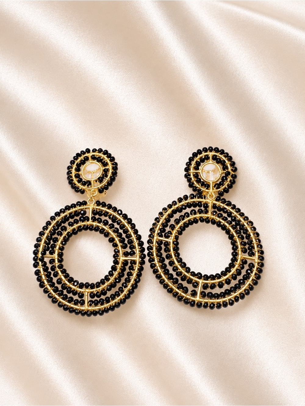 Lisi Lerch Black Gold Beaded Statement Hoop Clip-On Earrings